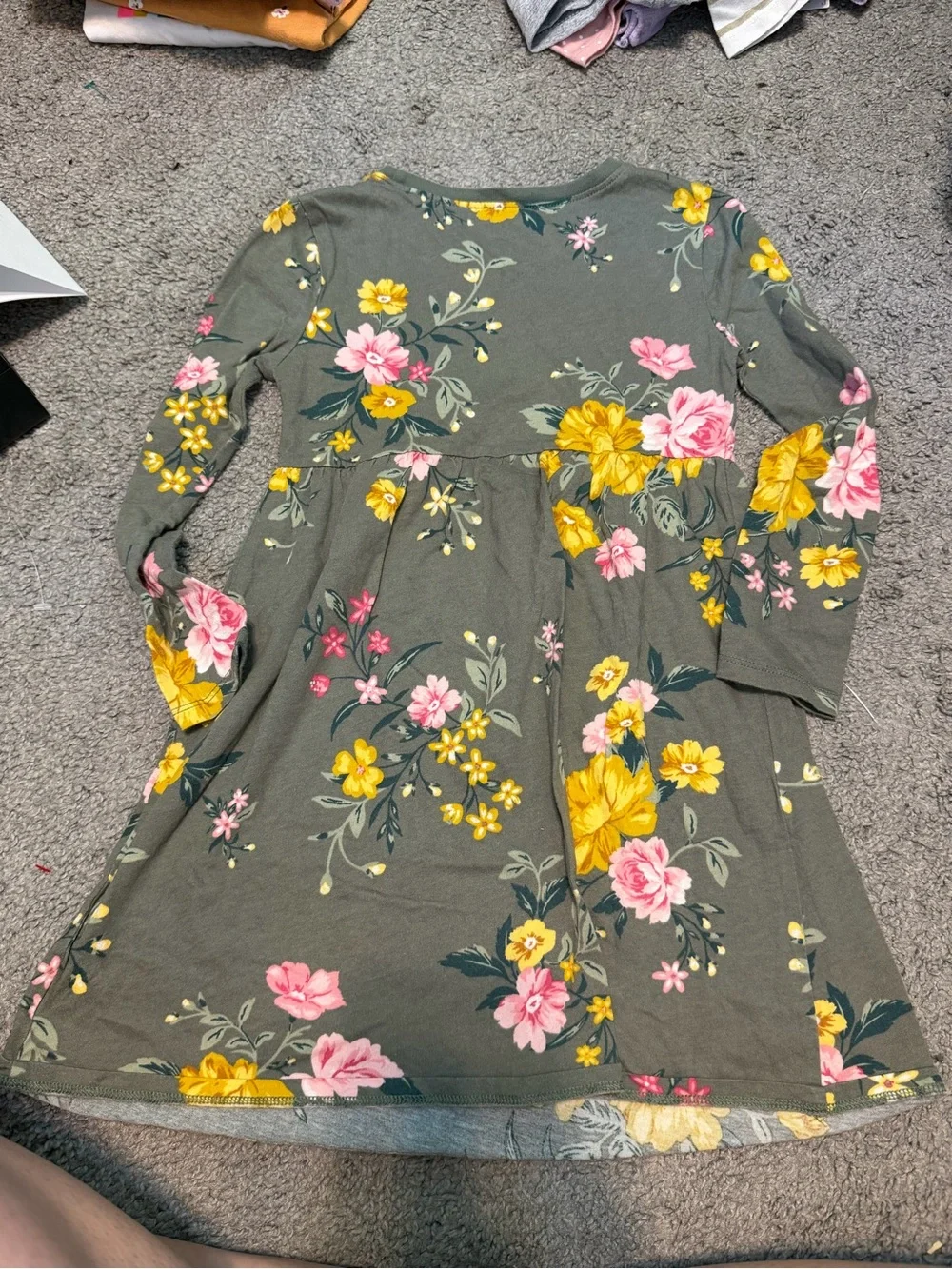 Old Navy Olive Green Floral Long Sleeve Dress with Pink & Yellow Flowers